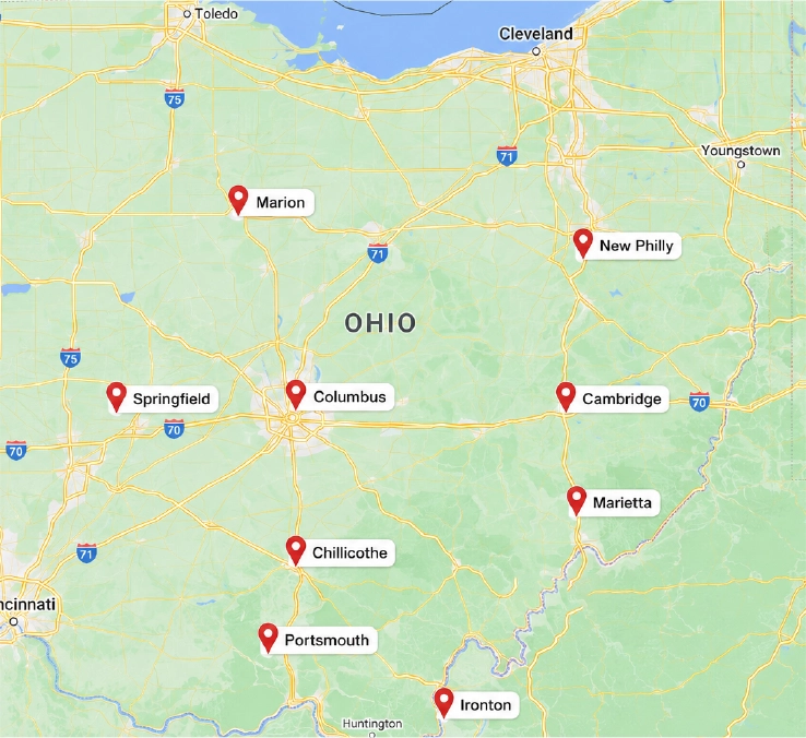 bainbridge-law-firm-ohio-office-locations-map Map showing Bainbridge Law Firm's nine Ohio office locations serving workers' compensation clients throughout the state.